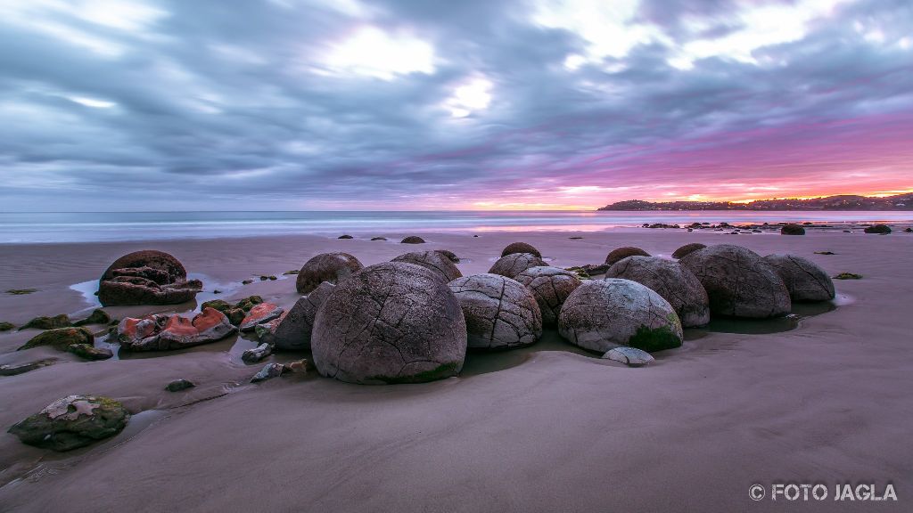 Moeraki Boulders bei Sonnenaufgang am Koekohe Beach an der Küste von Otago
Neuseeland (Südinsel)
