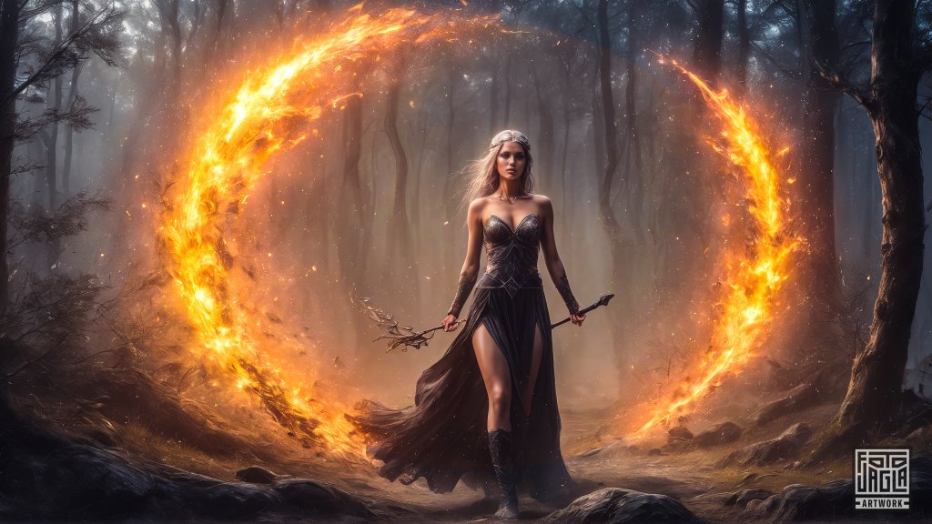 Zauberin schreitet durch ein magisches Portal aus Feuer
Fantasy Artwork mit Hilfe knstlicher Intelligenz und manueller Bildbearbeitung
ComfyUI (Stable Diffusion), Photoshop, Lightroom