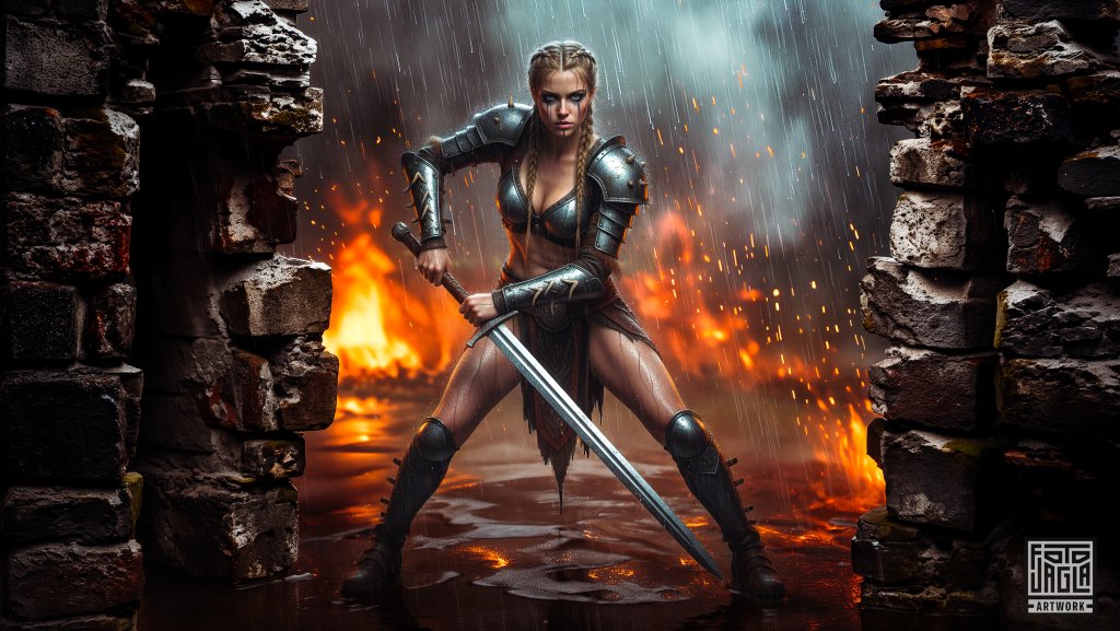 Entschlossene Kriegerin stellt sich in den Weg
Fantasy Artwork mit Hilfe k�nstlicher Intelligenz und manueller Bildbearbeitung
Nano Banana, Photoshop, Lightroom