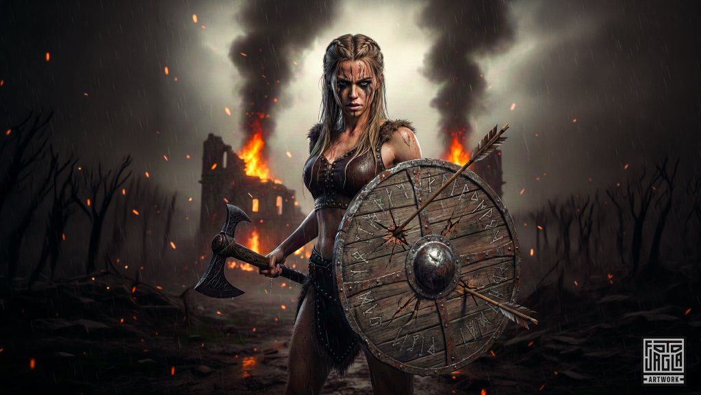 Wikingerin mit Axt und Schild auf dem Schlachtfeld
Fantasy Artwork mit Hilfe k�nstlicher Intelligenz und manueller Bildbearbeitung
Nano Banana, Photoshop, Lightroom