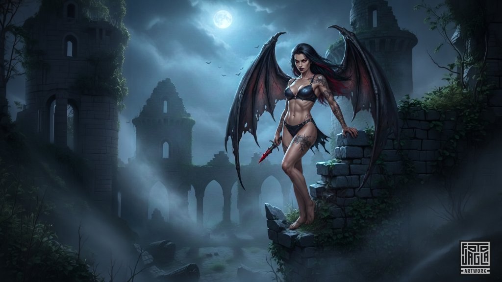 Sexy Vampirin mit D�monenfl�geln in einer Burgruine
Fantasy Artwork mit Hilfe k�nstlicher Intelligenz und manueller Bildbearbeitung
Nano Banana, Photoshop, Lightroom