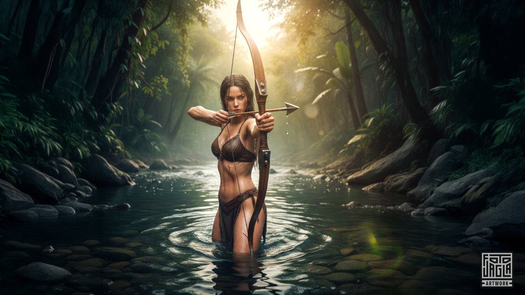 Sexy Amazone jagt mit ihrem Kriegsbogen im Fluss
Fantasy Artwork mit Hilfe k�nstlicher Intelligenz und manueller Bildbearbeitung
Nano Banana, Photoshop, Lightroom