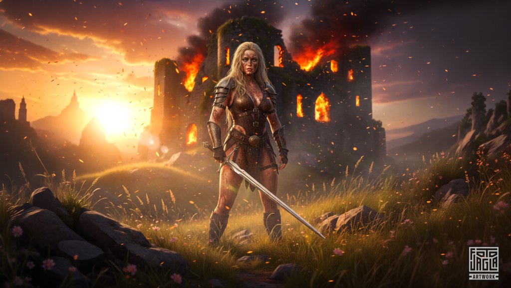 Kriegerin kehrt zur�ck von der Schlacht
Fantasy Artwork mit Hilfe k�nstlicher Intelligenz und manueller Bildbearbeitung
Nano Banana, Photoshop, Lightroom