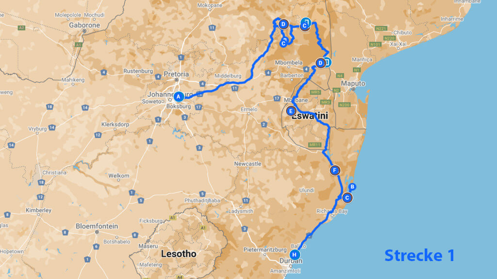 Südafrika Reiseverlauf - Panorama Route, Kruger Nationalpark, Eswatini Südafrika Reiseverlauf - Panorama Route, Kruger Nationalpark, Eswatini